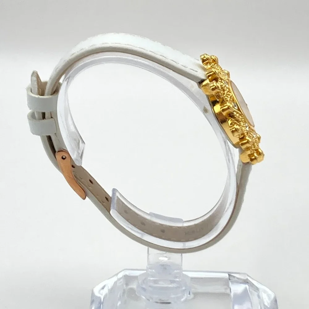 Avon Women's Watch Gold Tone Crystals Bling 35mm White Leather New Battery 7.75